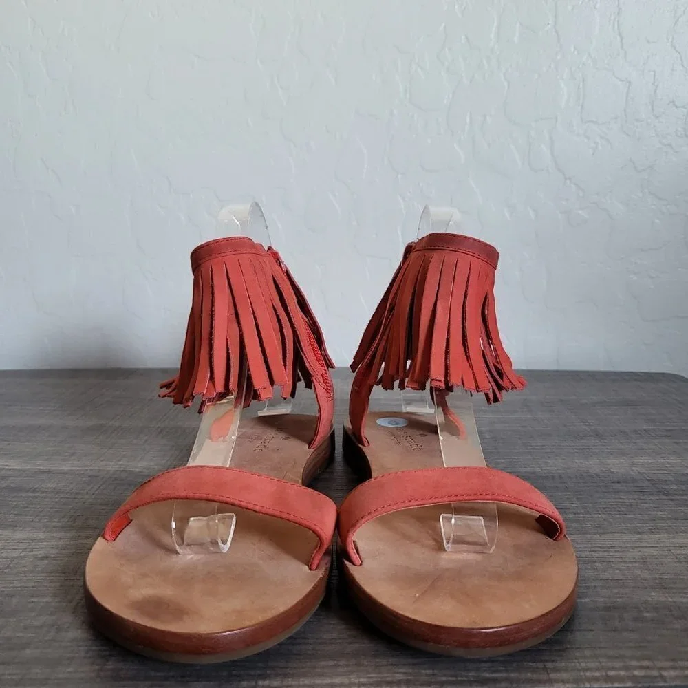 Kate Spade Alex Flat Fringe-Cuff Boho Sandals Orange Nubuck Leather Sz Women's 6